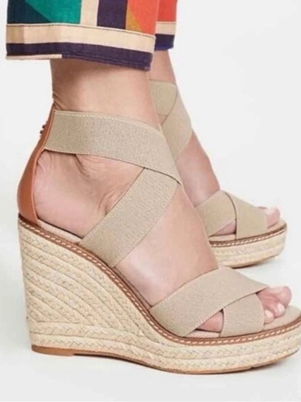 Tory Burch Adonis Wedge Espadrille Sandal 11 Gold Khaki Platform Logo EUC $398